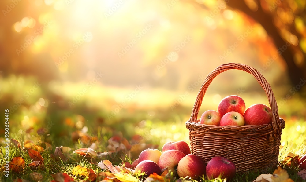 Basket of apples in sunlit orchard. Autumn harvest season. Organic farm products concept. Agriculture and farming Basket of apples in sunlit orchard. Autumn harvest season. Organic farm products concept. Agriculture and farming