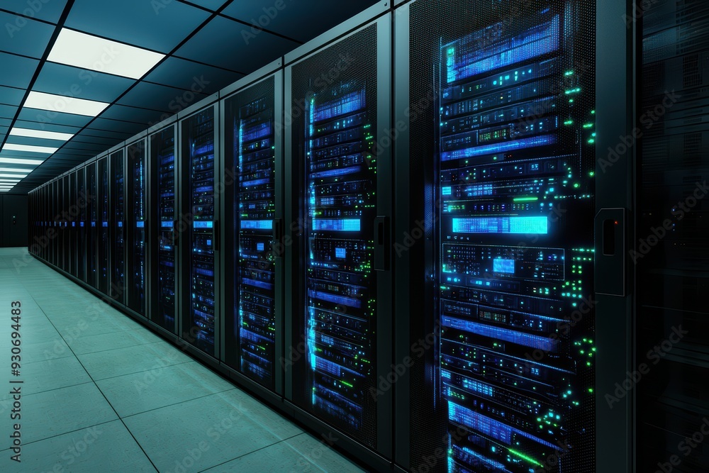A modern server room filled with sleek cabinets and glowing lights, showcasing advanced technology and data processing capabilities. A modern server room filled with sleek cabinets and glowing lights, showcasing advanced technology and data processing capabilities.
