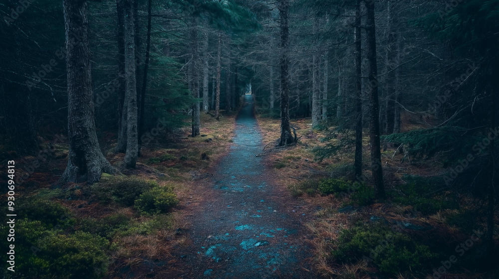 Obraz premium A mysterious path winds through a dense, shadowy forest.