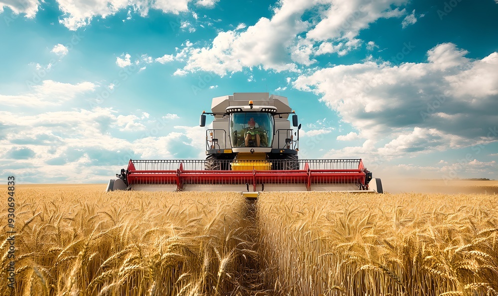 Fototapeta premium Combine harvester working in wheat field under cloudy sky. Agriculture machinery harvesting crops. Farming industry concept. Agricultural equipment