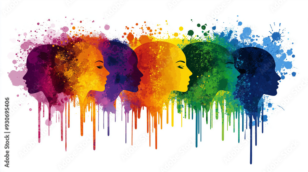 Fototapeta premium Six colorful faces in silhouette with dripping paint, symbolizing diversity and unity.