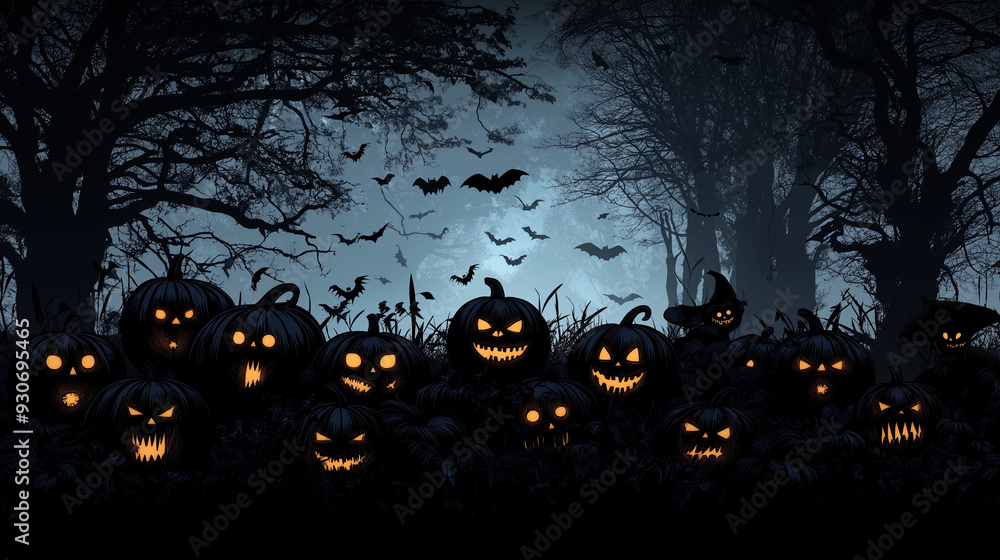 Glowing jack-o'-lanterns with sinister grins in a spooky forest with bats. Glowing jack-o'-lanterns with sinister grins in a spooky forest with bats.
