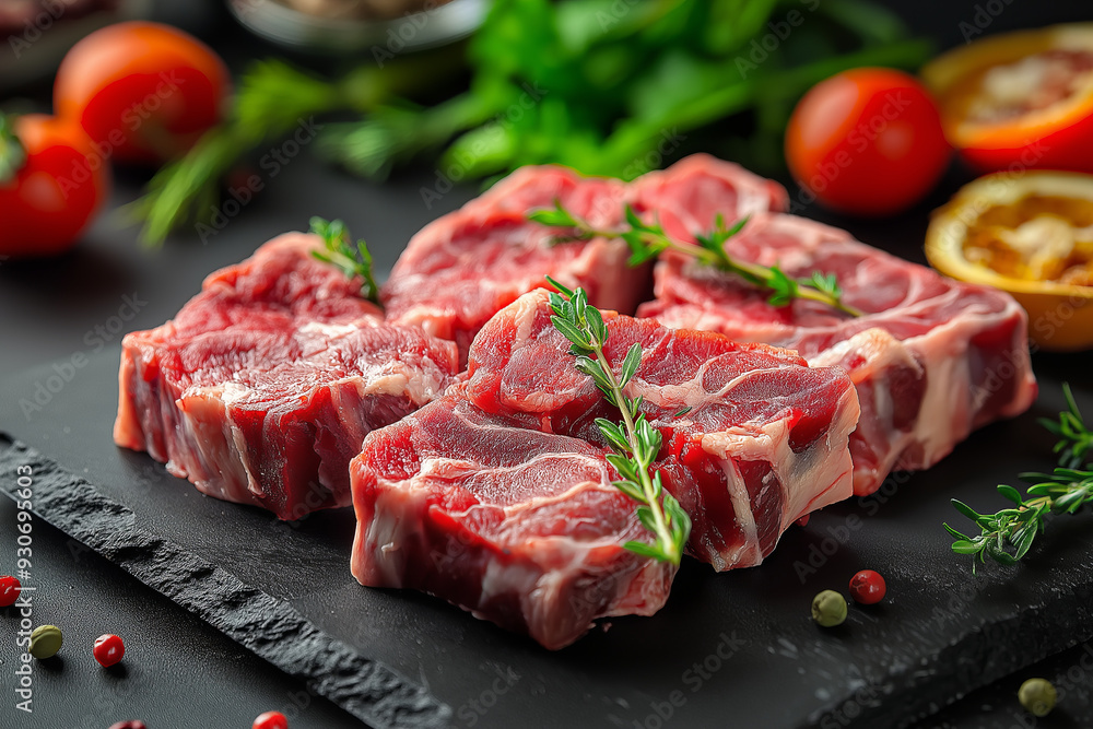 Fototapeta premium Marbled Raw Beef for Grilling with Herbs.