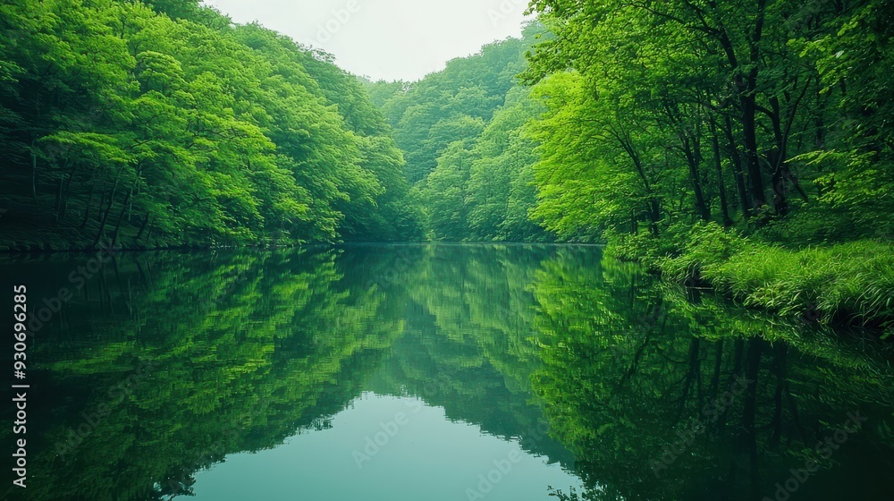 Serene photograph of a tranquil forest lake surrounded by lush greenery. The calm water mirrors the trees and sky, creating a peaceful, natural scene ideal for nature-themed projects Serene photograph of a tranquil forest lake surrounded by lush greenery. The calm water mirrors the trees and sky, creating a peaceful, natural scene ideal for nature-themed projects