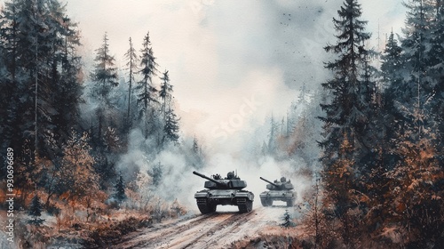 Watercolor tank convoy moving through a foggy forest, with soft, muted colors. photo