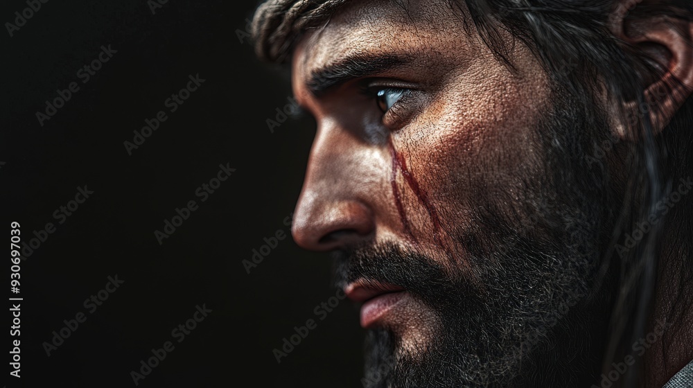Close-up of a rugged man with a serious expression, showcasing intense emotion and intricate details on his face. Close-up of a rugged man with a serious expression, showcasing intense emotion and intricate details on his face.