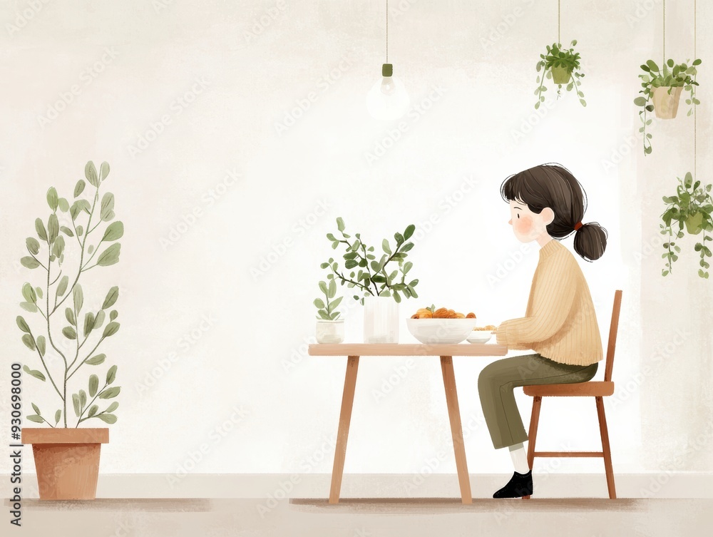 Cozy Minimalist Dining Area with Indoor Plants and Woman Enjoying a Meal in a Modern Home Setting Cozy Minimalist Dining Area with Indoor Plants and Woman Enjoying a Meal in a Modern Home Setting