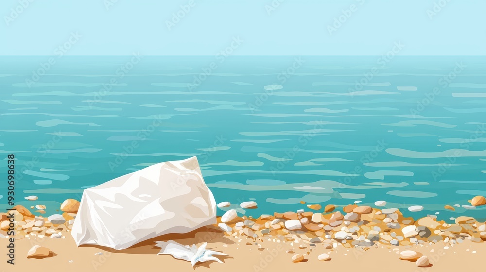 Tranquil Beach Scene with Clear Blue Water, Pebbles, and a White Paper Bag on the Sandy Shore under a Clear Sky Tranquil Beach Scene with Clear Blue Water, Pebbles, and a White Paper Bag on the Sandy Shore under a Clear Sky