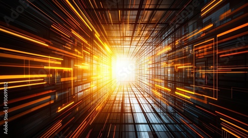 Dynamic motion of light converging into a central source, creating an energetic and futuristic ambiance in a modern space.