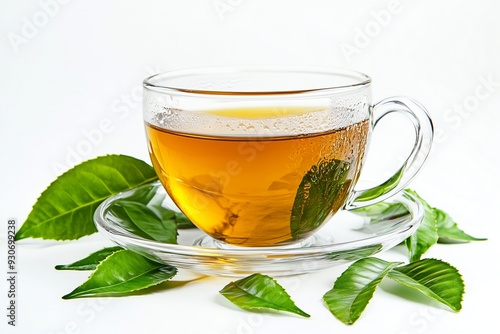 Aromatic tea in glass cup and green leaves isolated on white .