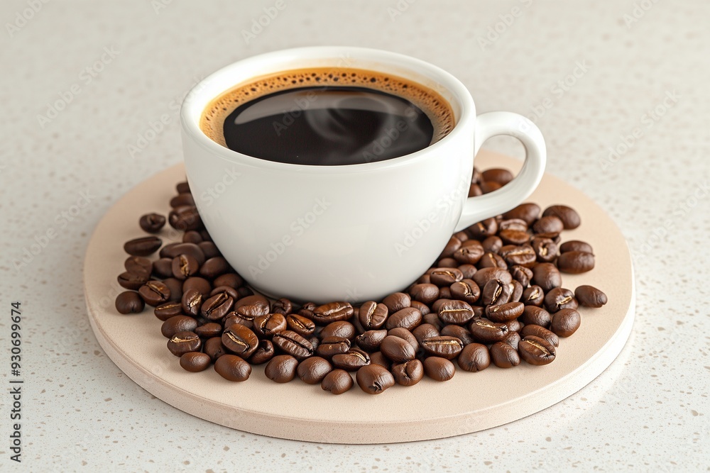 Coffee beans with cup of hot creamy black coffee on beige board . Coffee beans with cup of hot creamy black coffee on beige board .