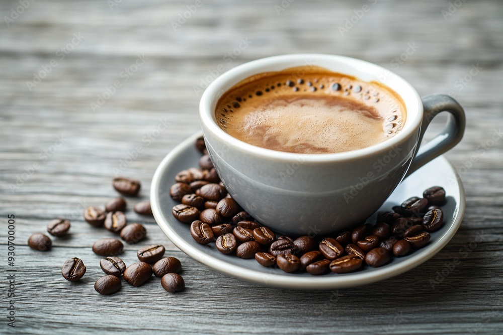 Cup of coffee and coffee beans on gray wooden table . Cup of coffee and coffee beans on gray wooden table .