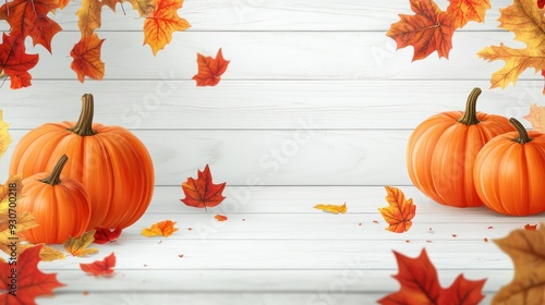 Festive autumn composition from pumpkins andcolorful leaves on a white wooden background. Thanksgiving day. photo