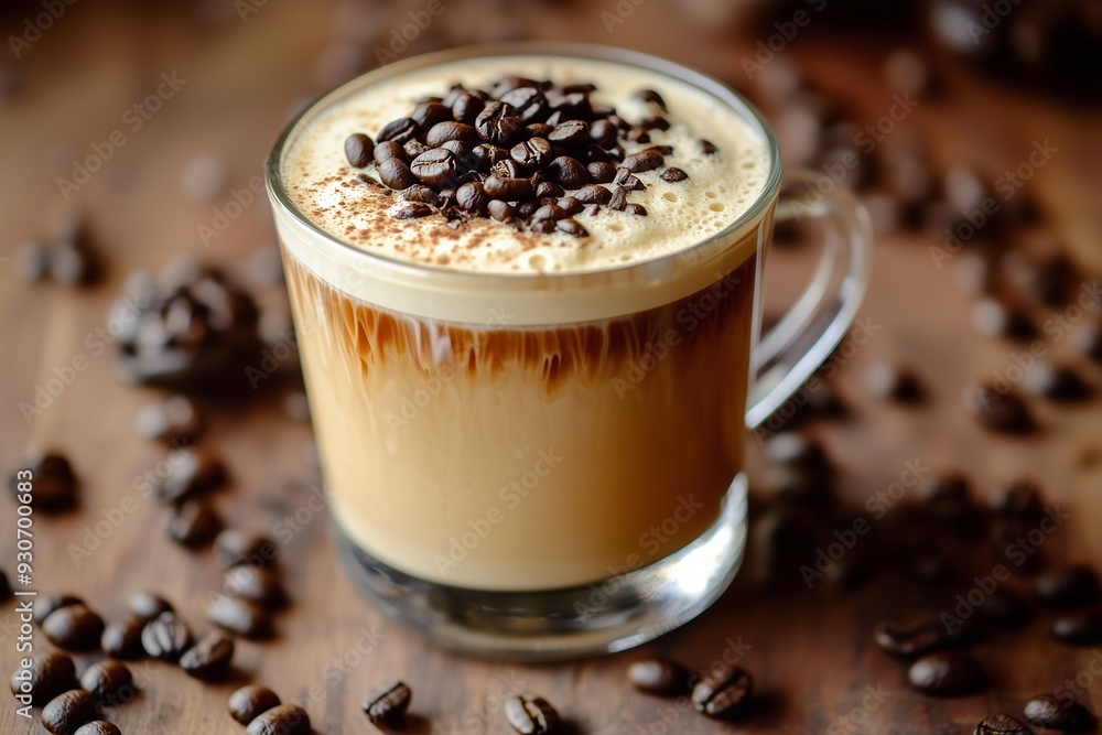 Irish cream coffee decorated with coffee beans on the table . Irish cream coffee decorated with coffee beans on the table .