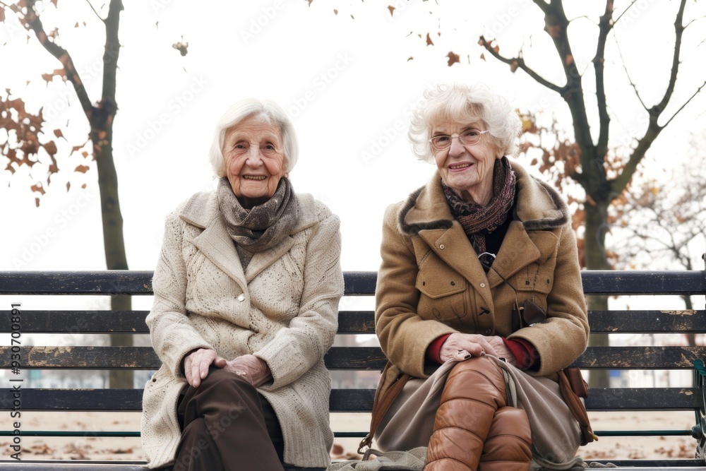 Two senior ladies enjoying the outdoors on a park bench, possibly reminiscing or sharing stories Two senior ladies enjoying the outdoors on a park bench, possibly reminiscing or sharing stories