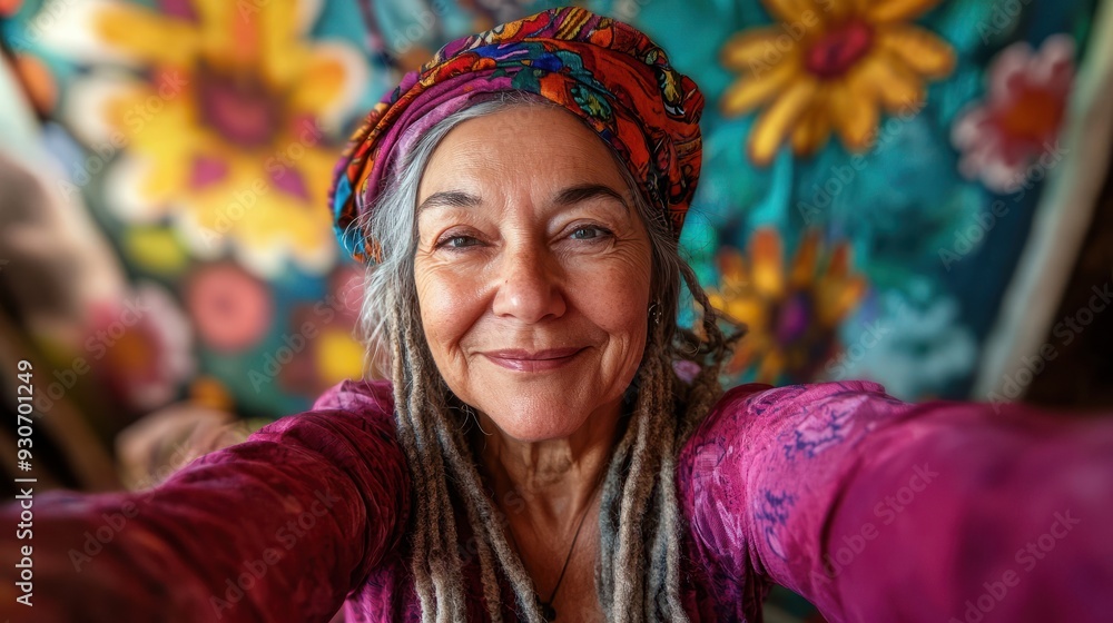 Oma, frau, seniorin, macht, selfie, im, Wohnzimmer, hippie, Blumentapete, hintergrund, vor, tapete, blumen, alte, model, turban, Kopftuch, bohemian, boho, style, floral, dreadlocks Oma, frau, seniorin, macht, selfie, im, Wohnzimmer, hippie, Blumentapete, hintergrund, vor, tapete, blumen, alte, model, turban, Kopftuch, bohemian, boho, style, floral, dreadlocks