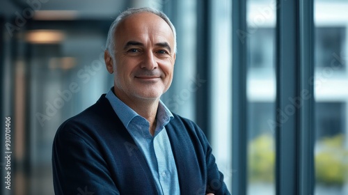 portrait of successful senior businessman consultant looking at camera and smiling inside modern office building