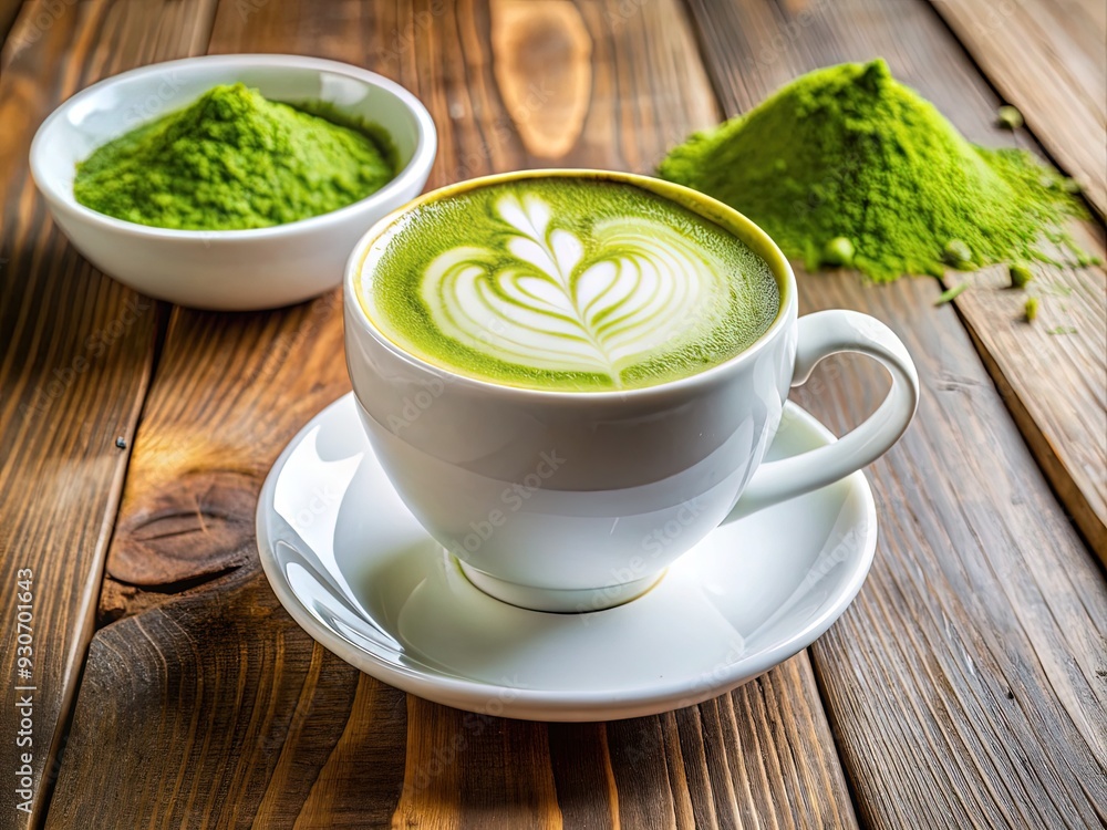 Freshly brewed matcha green tea latte with creamy foam and sprinkle of matcha powder in a modern white ceramic cup on wood table. Freshly brewed matcha green tea latte with creamy foam and sprinkle of matcha powder in a modern white ceramic cup on wood table.