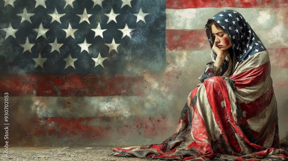 Fototapeta premium Sad Woman Wrapped in American Flag - Symbolizing Patriotism and Struggle