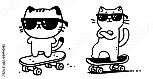 A cat with glasses on a skateboard vector illustration black white