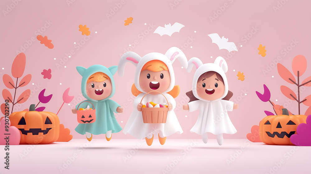 Naklejka premium Three kids dressed in adorable Halloween costumes smile while surrounded by pumpkins and colorful leaves, capturing the spirit of the season