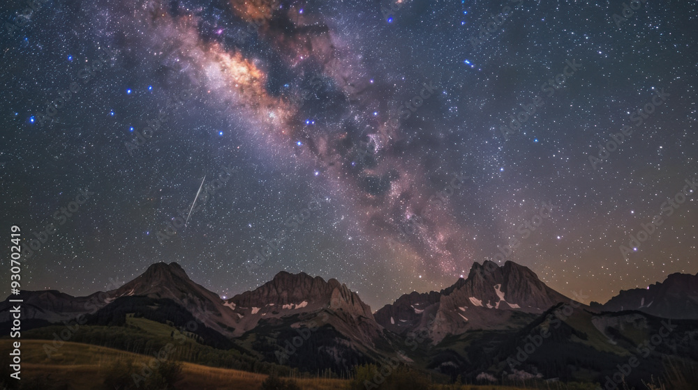 In the tranquil night, the Milky Way spans the sky, the majestic mountain range stands out clearly in the starlight, a meteor streaks across the night sky, disappearing on the horizon, a serene, myste In the tranquil night, the Milky Way spans the sky, the majestic mountain range stands out clearly in the starlight, a meteor streaks across the night sky, disappearing on the horizon, a serene, myste