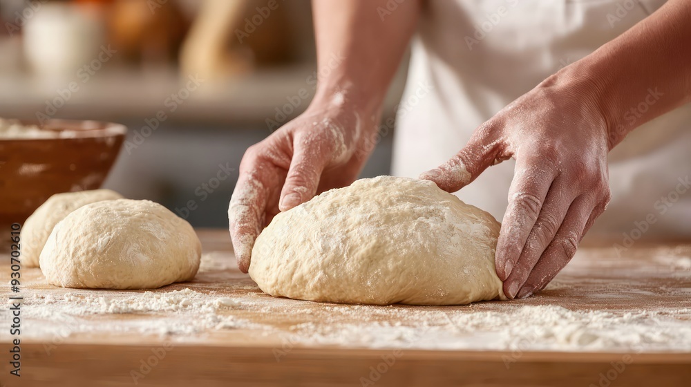 Obraz premium A person is kneading dough on a wooden table. The dough is in the shape of a ball and is covered in flour. The person is wearing an apron and has their hands covered in flour. The scene is casual