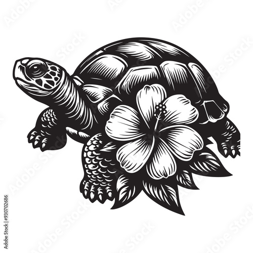 turtle with a flower, Turtle vector art, Turtle silhouette, Turtle illustration, Turtle black and white vector, black and white Turtle, Sea Turtle silhouette, Turtle black and white vector illustratio