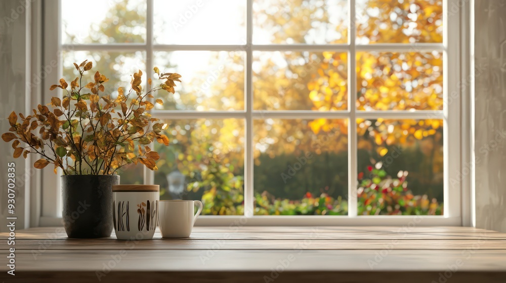 A window with a view of trees and a vase of flowers on a table A window with a view of trees and a vase of flowers on a table