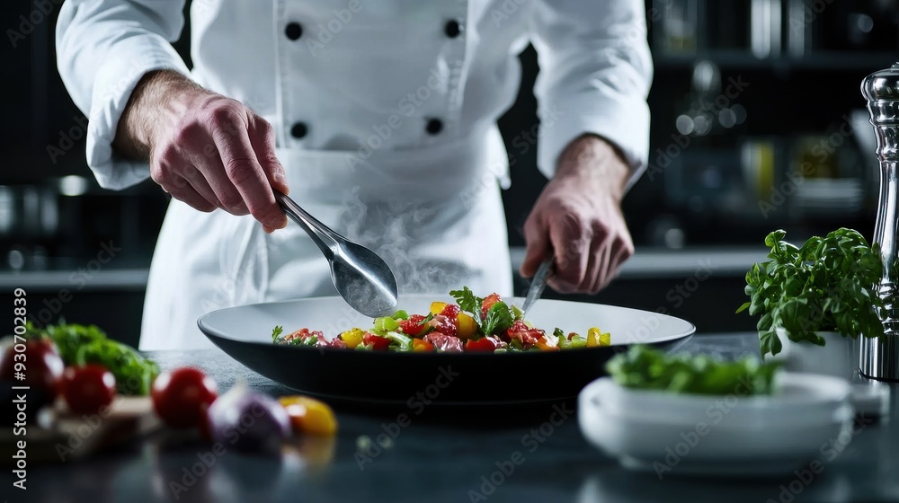 Step-by-step guide photo showing the process of preparing a dish in a modern kitchen. The image captures various stages of cooking, from chopping vegetables to plating the finished meal Step-by-step guide photo showing the process of preparing a dish in a modern kitchen. The image captures various stages of cooking, from chopping vegetables to plating the finished meal