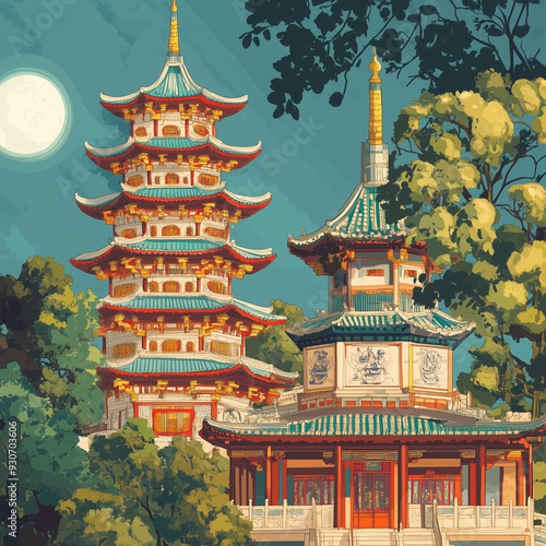 Wallpaper Mural Majestic Pagoda Temple with Full Moon in a Forest Setting
 Torontodigital.ca