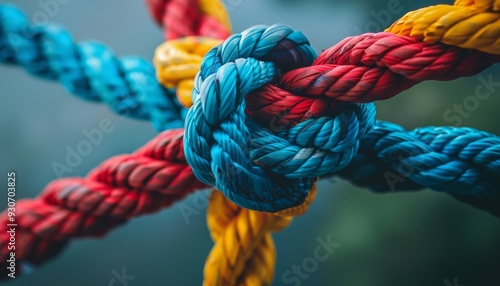 Robust team united by a multi-colored rope, symbolizing unity, support, and teamwork, representing