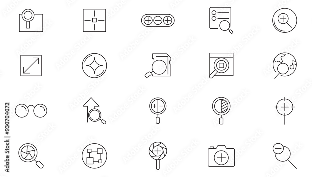 Zoom line icon collection. Search, out, in, search magnifiers, screen, fullscreen, page, video, minimize and maximize icon set. UI outline icons pack Zoom line icon collection. Search, out, in, search magnifiers, screen, fullscreen, page, video, minimize and maximize icon set. UI outline icons pack