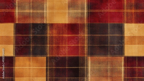 A classic plaid pattern in rich autumn colors, featuring deep reds, burnt oranges, and golds, perfect for a cozy, rustic look photo