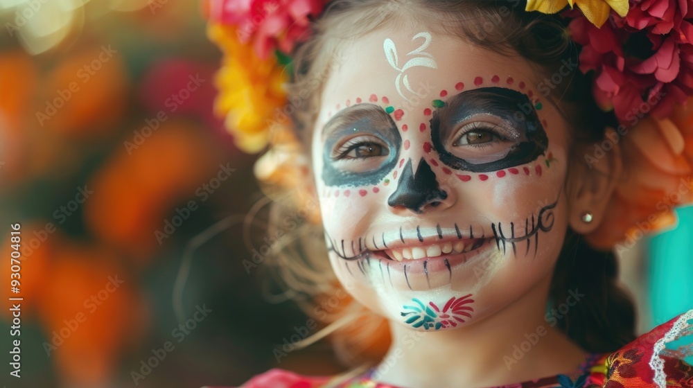 A young girl with Dia de los Muertos face paint and a colorful flower wreath, smiling. happy childhood. space for text A young girl with Dia de los Muertos face paint and a colorful flower wreath, smiling. happy childhood. space for text