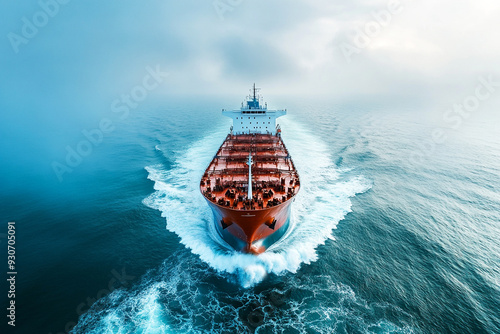 Aerial drone ultra wide photo of small oil - chemical tanker cruising