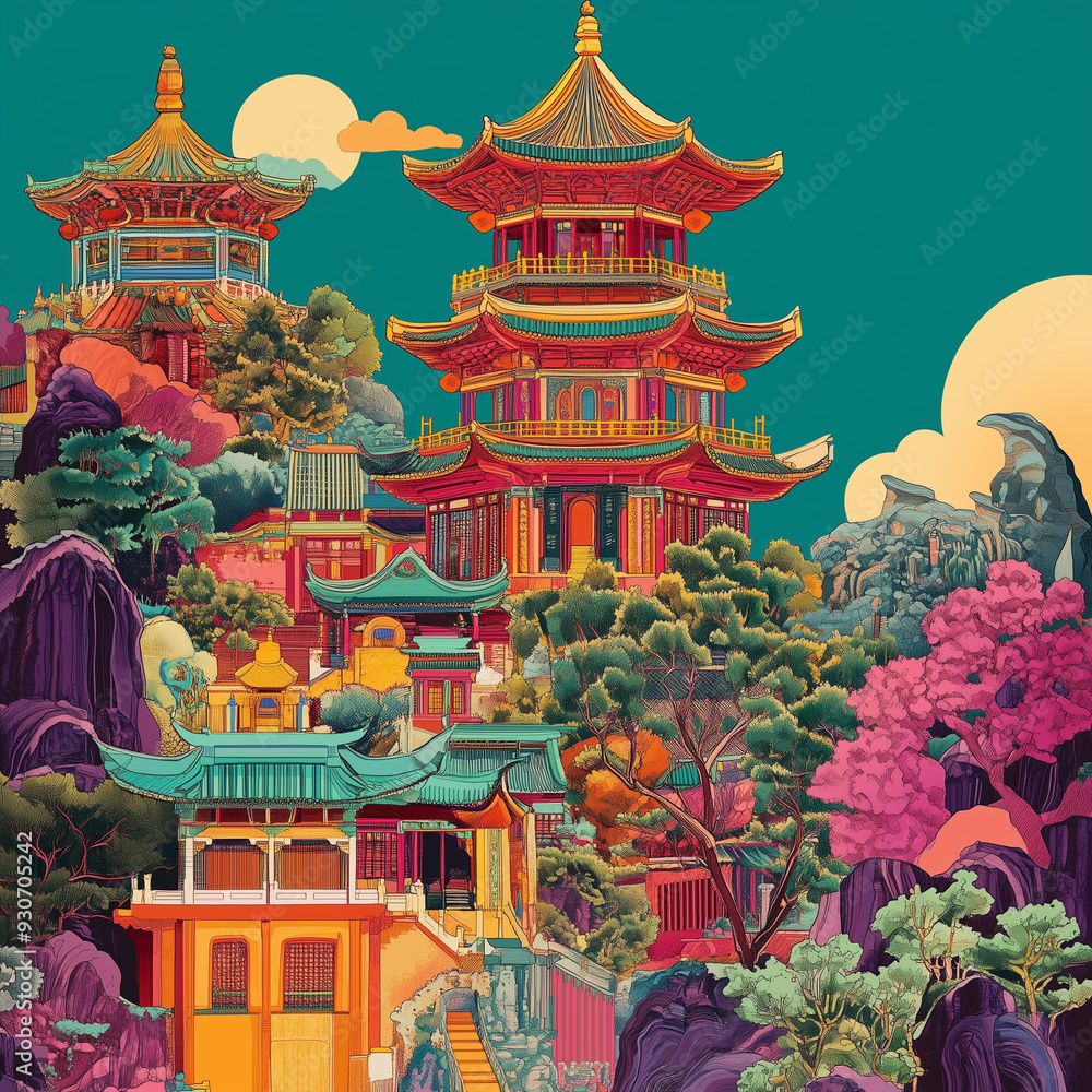 Obraz premium Colorful Illustration of Traditional Asian Pagodas in Mountainous Scenery 