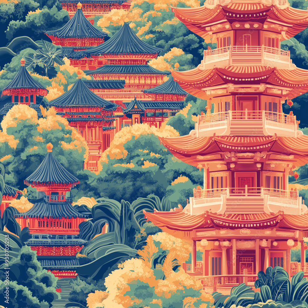 Obraz premium Scenic Illustration of Multiple Asian Pagodas in Forested Landscape 