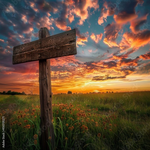 Wooden signpost in a picturesque field under a vibrant sunset sky with billowing clouds, conveying