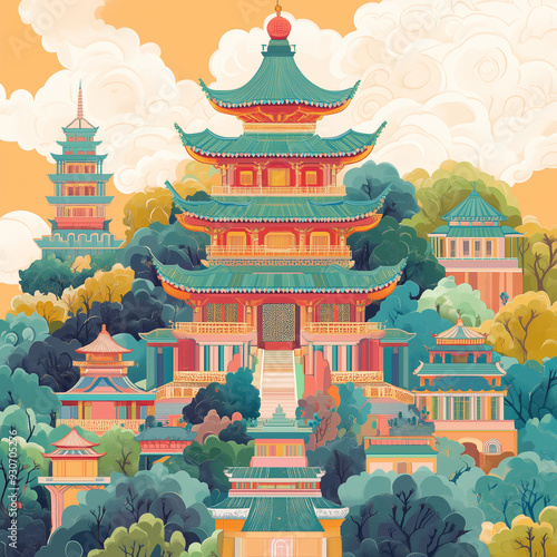 Colorful Illustration of Traditional Asian Pagoda in Scenic Landscape 