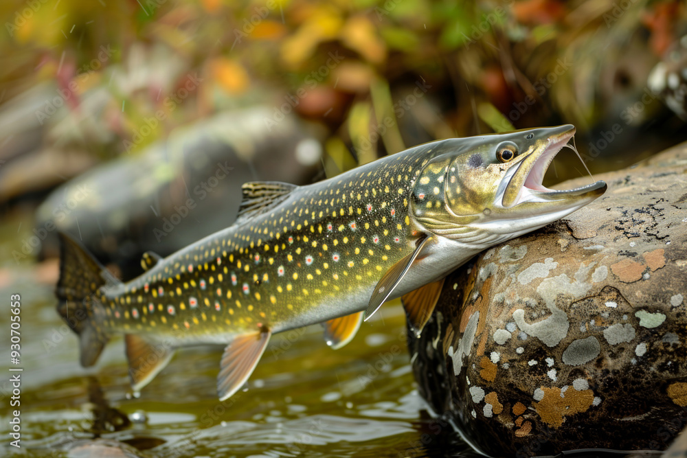 A fish is swimming in a river with a rock in the background A fish is swimming in a river with a rock in the background