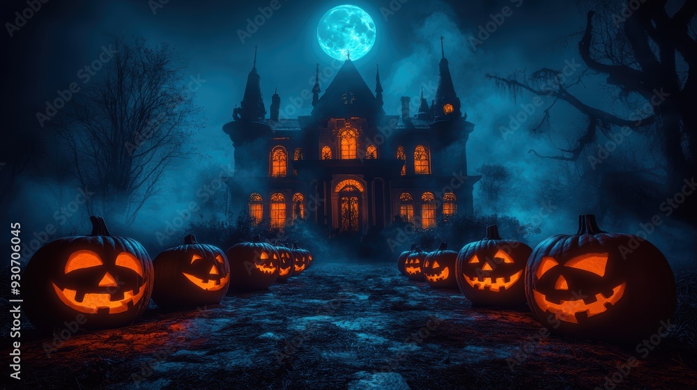 A haunted house surrounded by glowing jack-o'-lanterns under a full moon, creating a spooky Halloween atmosphere with mist and fog. A haunted house surrounded by glowing jack-o'-lanterns under a full moon, creating a spooky Halloween atmosphere with mist and fog.