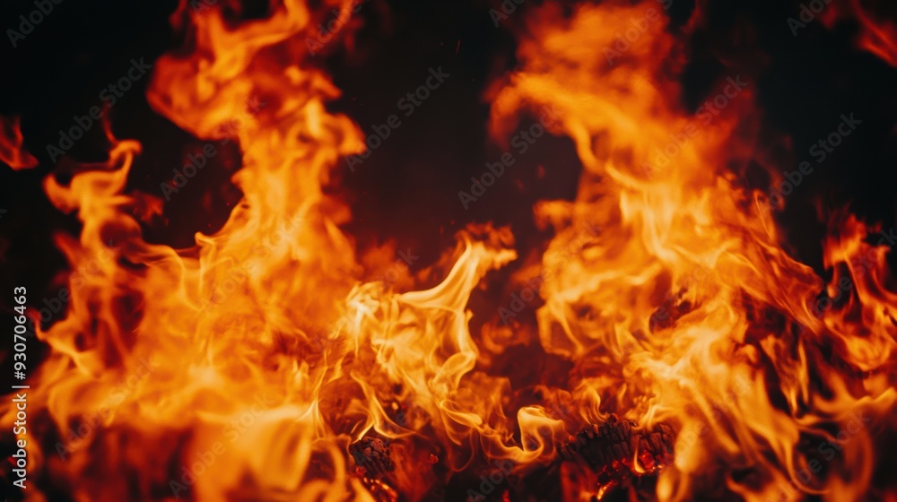 Fototapeta premium Close-up of vivid orange flames dancing against a dark background, capturing the intensity and dynamic movement of fire.