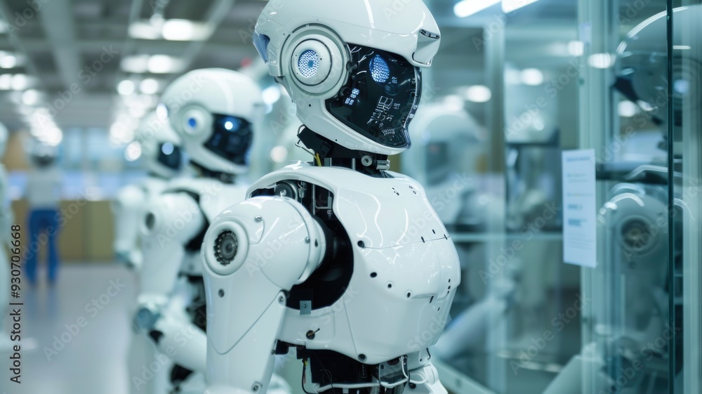 Robots working in a high-tech lab, showcasing advanced technology and precision Robots working in a high-tech lab, showcasing advanced technology and precision