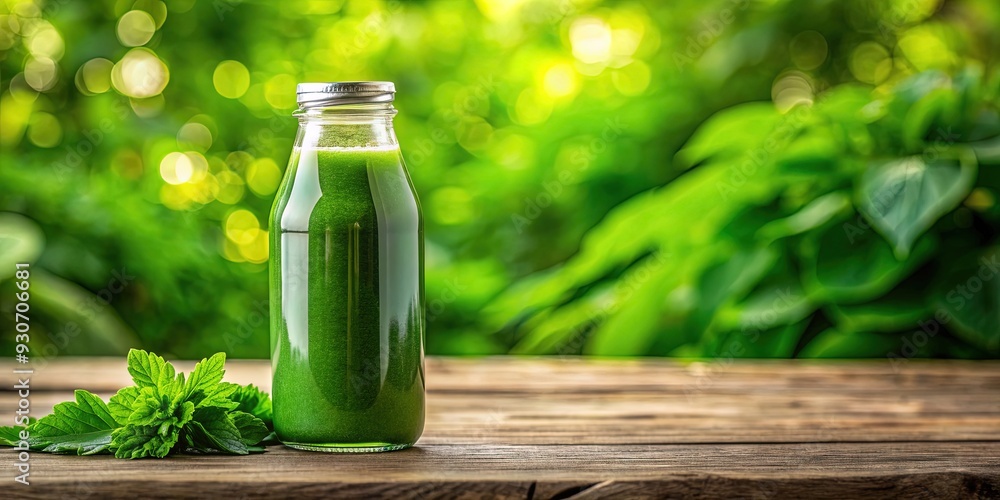 Freshly squeezed green juice fills a clear glass bottle with a screw-top lid, placed on a rustic wooden table amidst a lush green background. Freshly squeezed green juice fills a clear glass bottle with a screw-top lid, placed on a rustic wooden table amidst a lush green background.