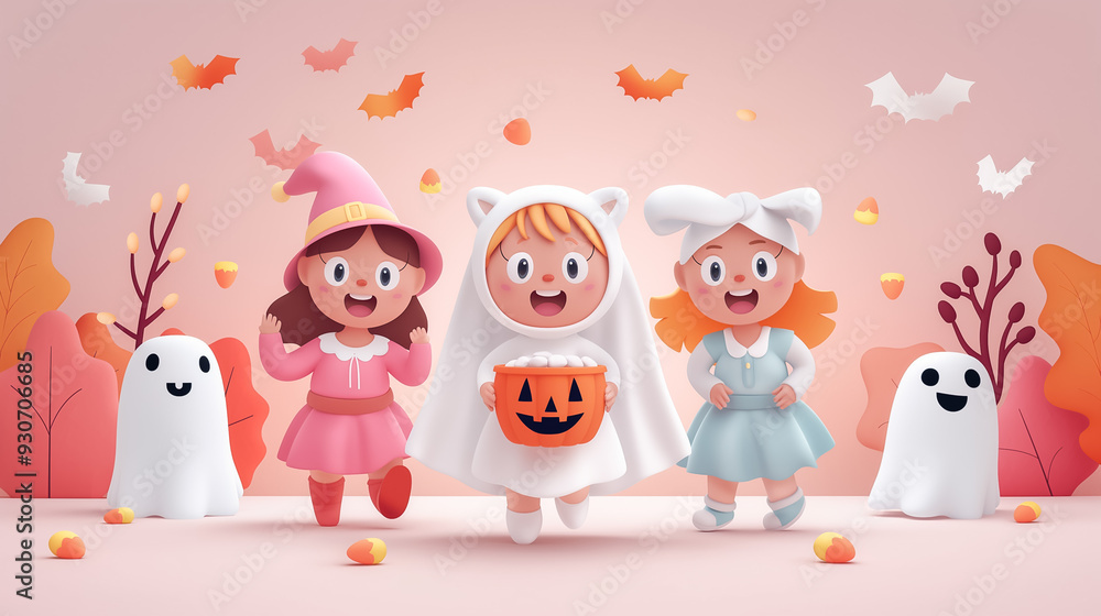 Naklejka premium Children in costumes joyfully celebrate Halloween, collecting treats amid falling leaves and playful ghosts in a vibrant autumn setting