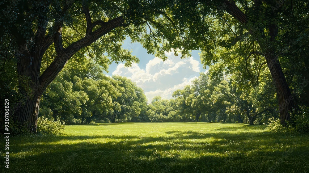 A large open field with trees in the background. The sky is blue and there are clouds in the background A large open field with trees in the background. The sky is blue and there are clouds in the background