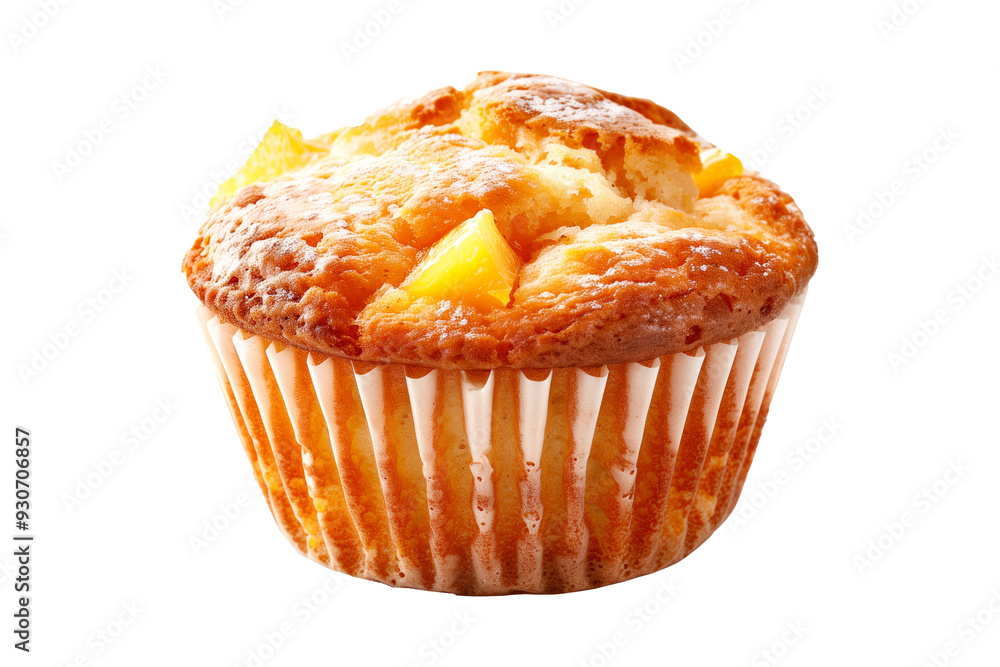 A freshly baked and fluffy pineapple muffin or cupcake isolated on white transparent background, beautifully topped with delightful sweet pineapple chunks A freshly baked and fluffy pineapple muffin or cupcake isolated on white transparent background, beautifully topped with delightful sweet pineapple chunks