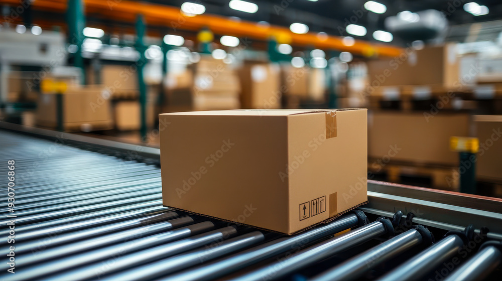 Cardboard Box on Conveyor Belt in Large Warehouse, Industrial Logistics and Distribution, Efficient Packaging Process, Shipping and Cargo Handling, Bright Modern Facility, Supply Chain Management Cardboard Box on Conveyor Belt in Large Warehouse, Industrial Logistics and Distribution, Efficient Packaging Process, Shipping and Cargo Handling, Bright Modern Facility, Supply Chain Management