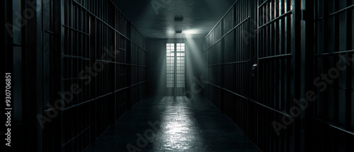 A long, narrow, dimly lit prison corridor with barred cells on either side. A single window at the end of the corridor casts a beam of light into the darkness. A dark, atmospheric generative AI image